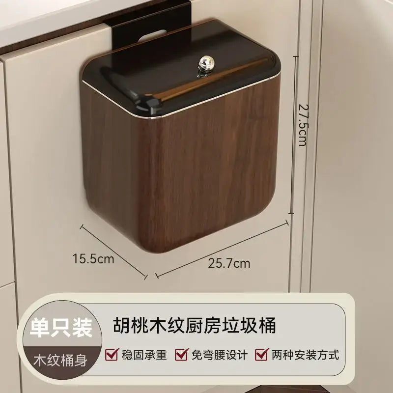 DecorBites antique style wood grain hanging kitchen trash can with black lid and silver knob for wall mounting
