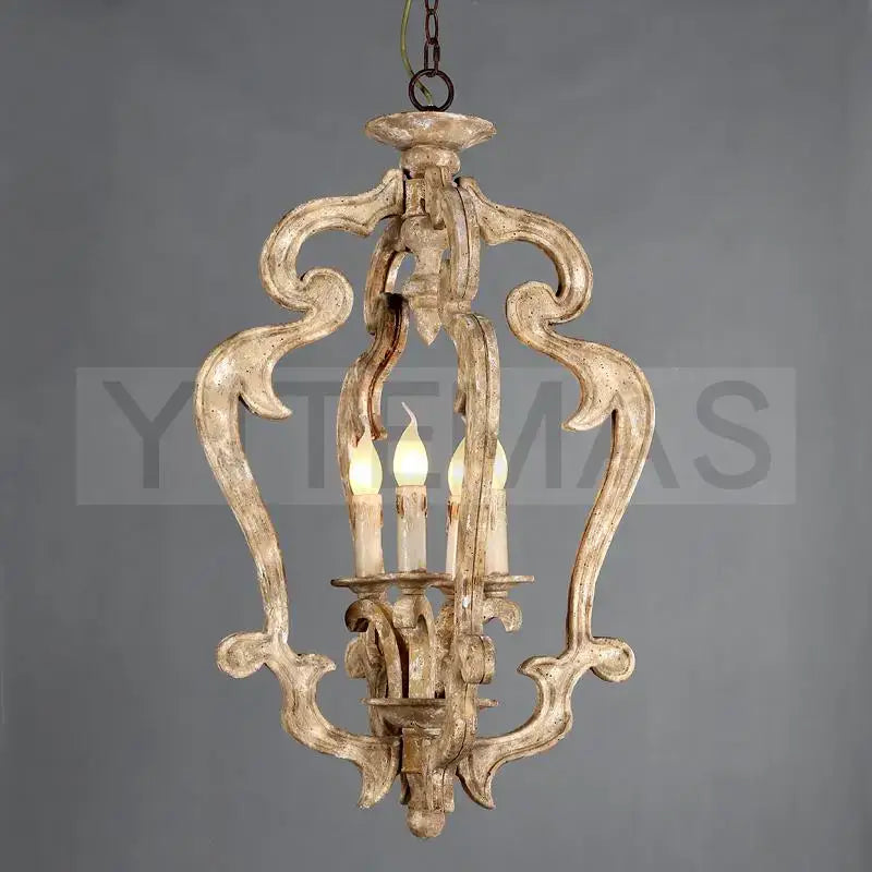 Decorbites antique wood chandelier with ornate distressed white solid wood frame and three lit candle bulbs for bedroom and dining room