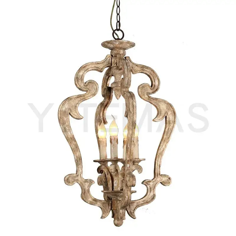 DecorBites antique wood chandelier with ornate scrollwork and three candle-like bulbs for bedroom and dining room