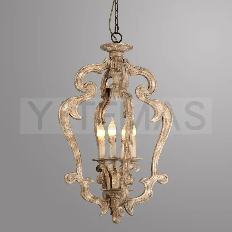 DecorBites antique wood chandelier with ornate distressed white wood frame and three candle bulbs for bedroom and dining room