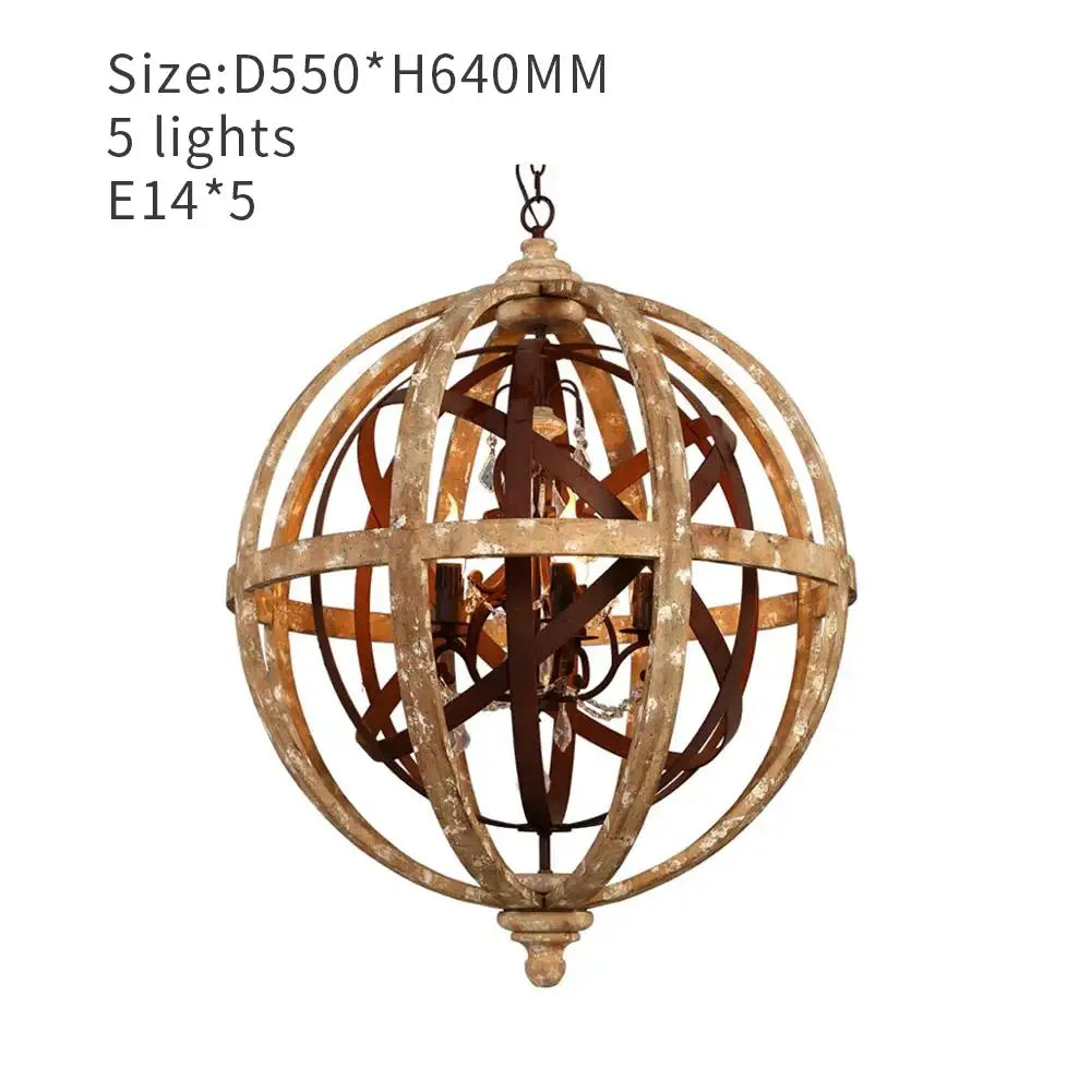Decorbites antique wood globe chandelier with distressed gold and brown metal finish featuring five e14 bulbs for indoor use