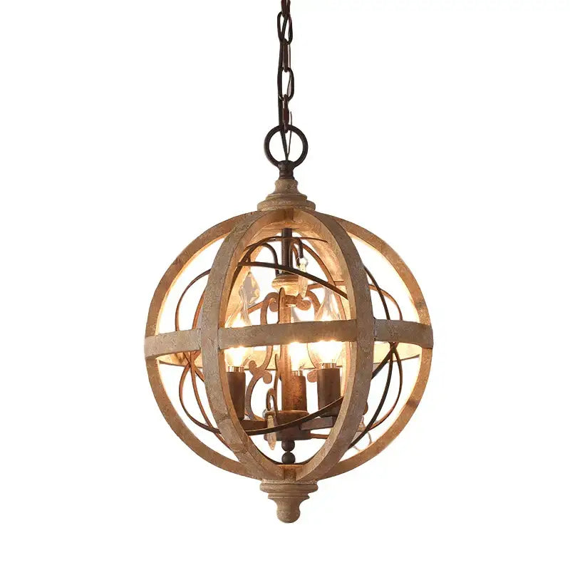 DecorBites antique wood globe chandelier with rustic distressed wood and metal pendant light with warm candle glow