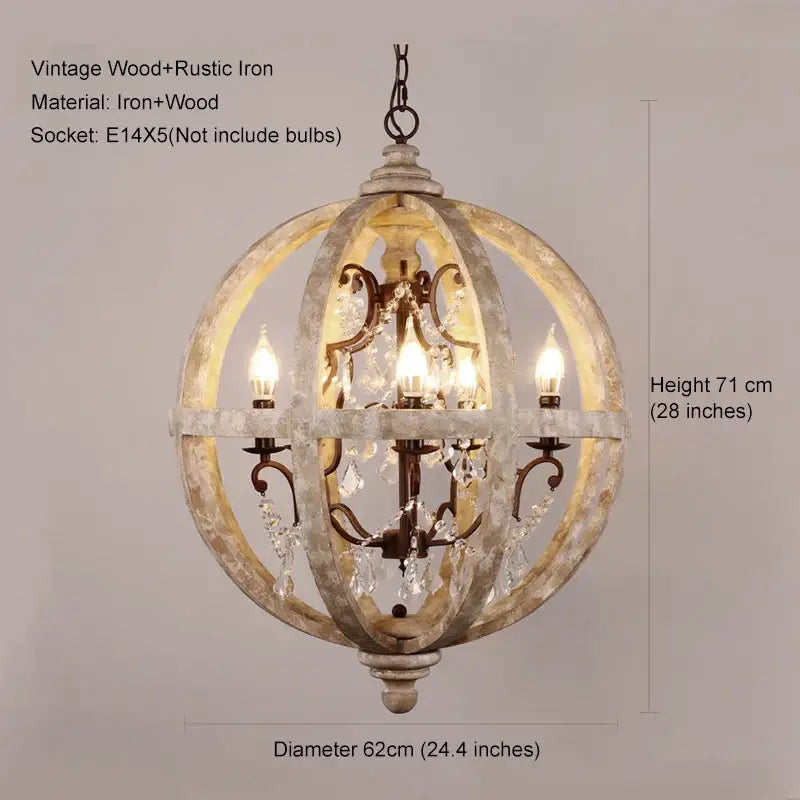 Vintage decorbites antique wood globe chandelier featuring distressed white wood, dark iron, and crystal droplets for multiple rooms
