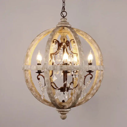 DecorBites antique wood globe chandelier in distressed white metal with dark iron accents and crystal droplets for interiors