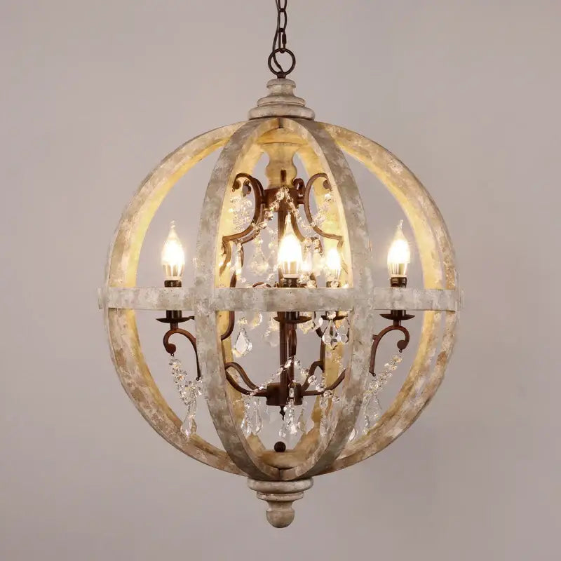 DecorBites antique wood globe chandelier in distressed white metal with dark iron accents and crystal droplets for interiors