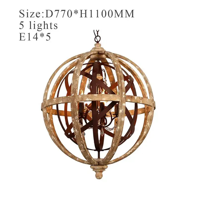 Decorbites antique wood globe chandelier with antique-finished metal and five e14 bulbs for bedroom or dining room
