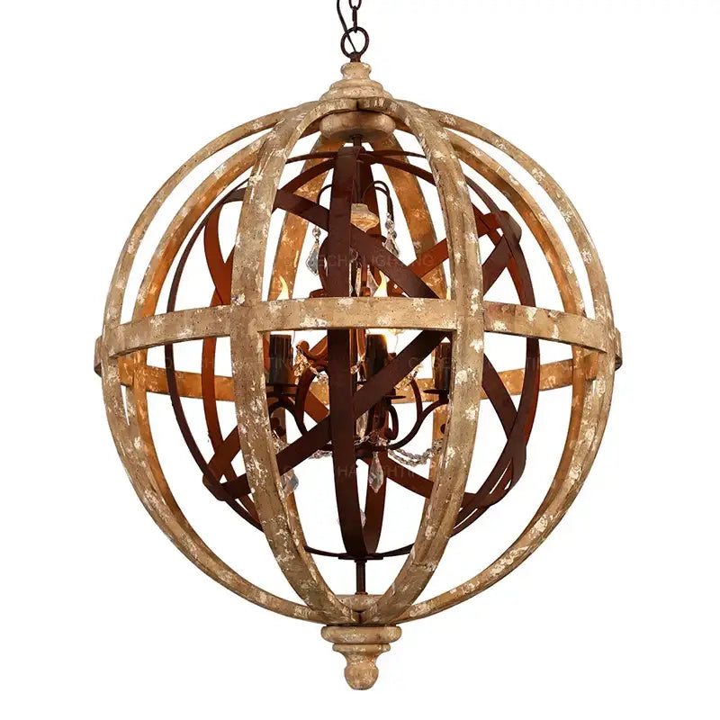 Decorbites antique wood globe chandelier in distressed gold and brown with crystal accents for bedroom or dining room