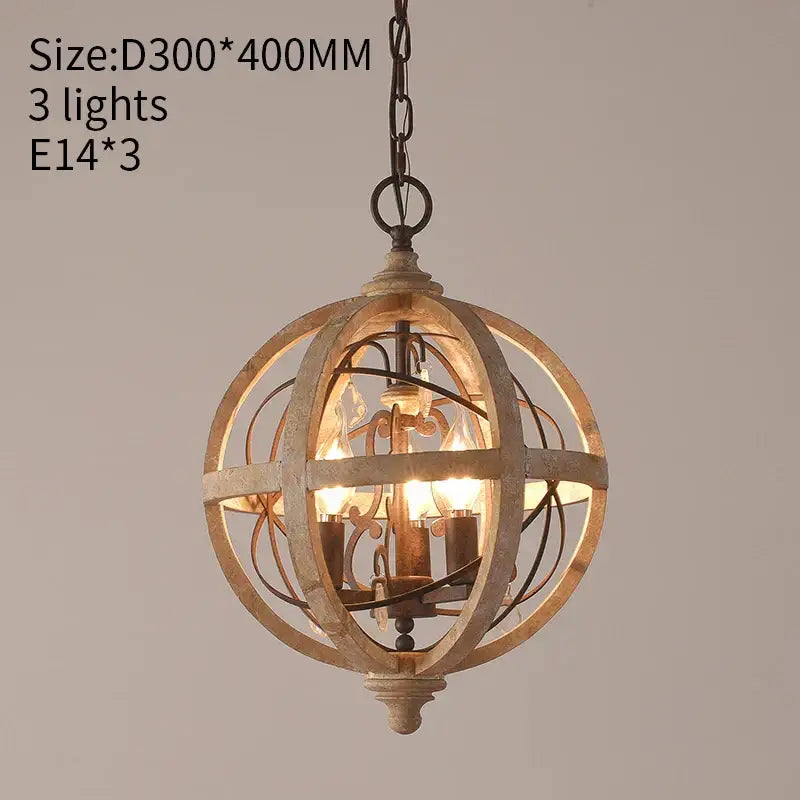 Decorbites antique wood globe chandelier featuring an antique-finished wooden sphere with three e14 bulbs for indoor use