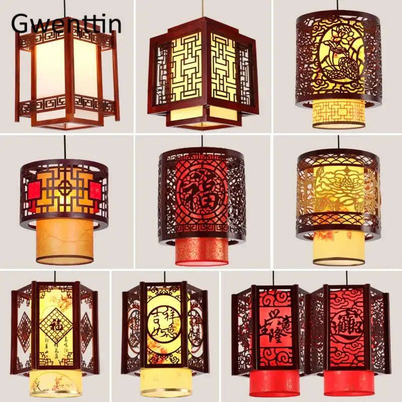 Decorbites antique wood pendant lights with intricate wooden frames and warm yellow red panels for dining room decor