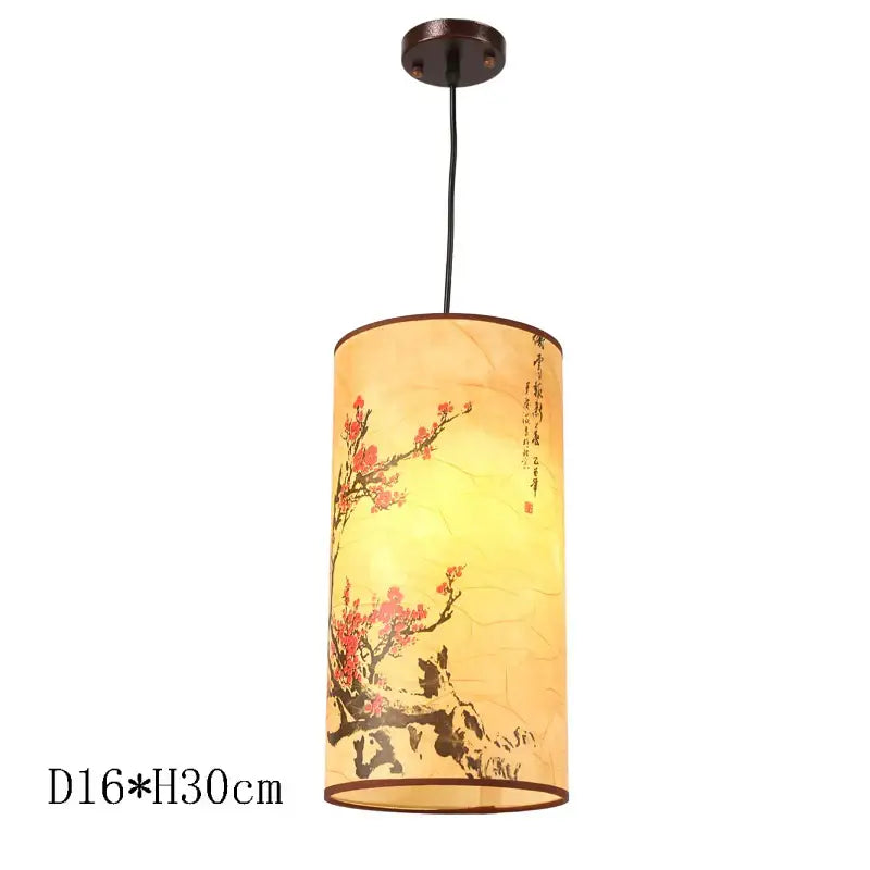 Cylindrical decorbites antique wood pendant light with warm yellow glow and traditional chinese ink painting for dining room