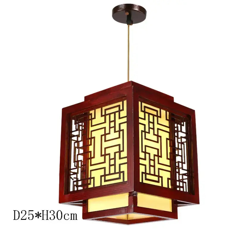 Red wooden pendant light with intricate geometric lattice design and warm yellow light from decorbites antique wood series