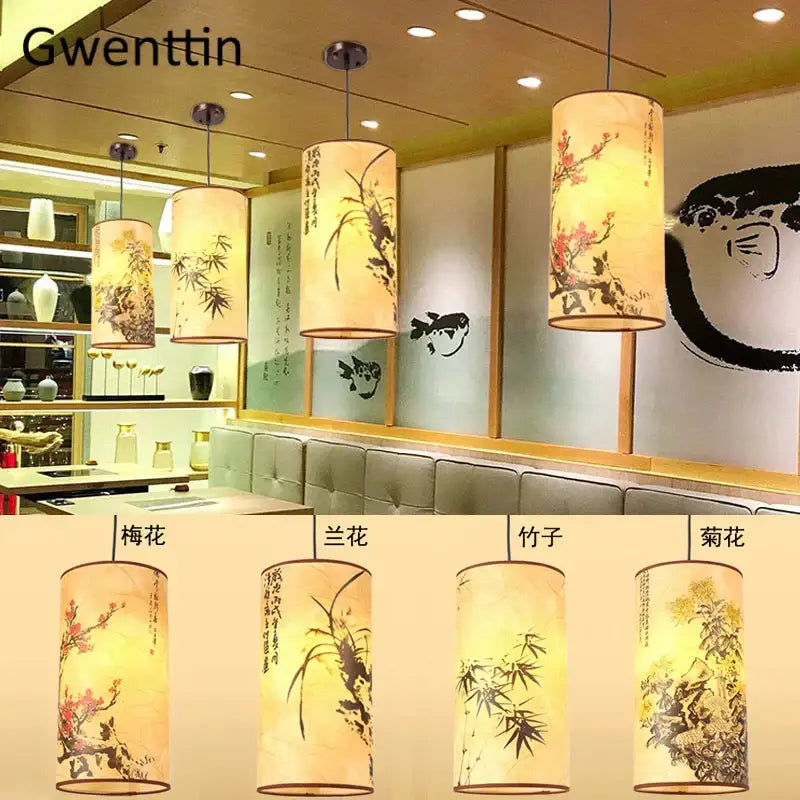 Beige cylindrical paper lanterns with traditional chinese floral designs as decorbites antique wood pendant lights