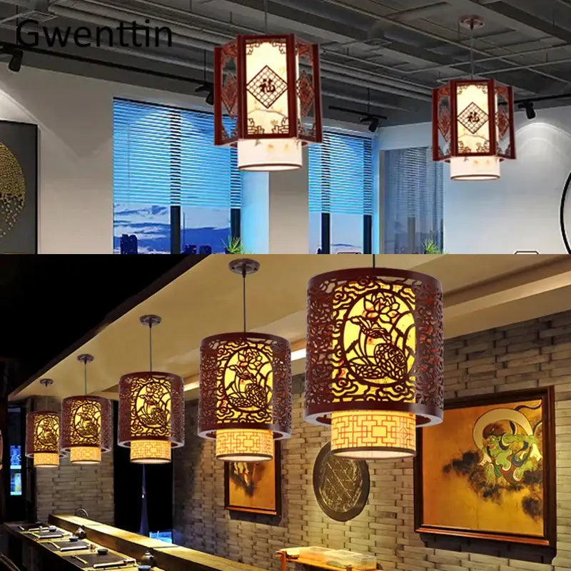 Red and gold ornate paper lanterns with intricate cut-out designs as decorbites antique wood pendant lights for dining room