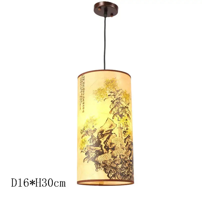 Cylindrical warm yellow paper shade pendant lights with black and gold floral decorbites antique wood pendant fixture