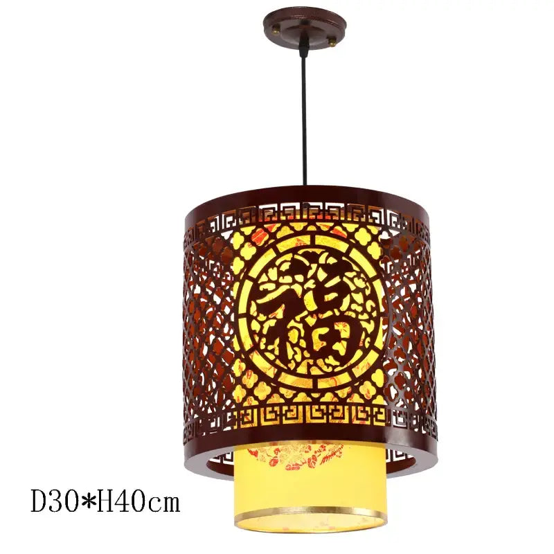 Decorbites antique wood pendant lights featuring warm-toned cylindrical design with dark brown chinese pattern metalwork