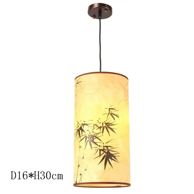 Cylindrical bamboo-themed decorbites antique wood pendant lights with warm yellow paper shade and dark brown metal hardware
