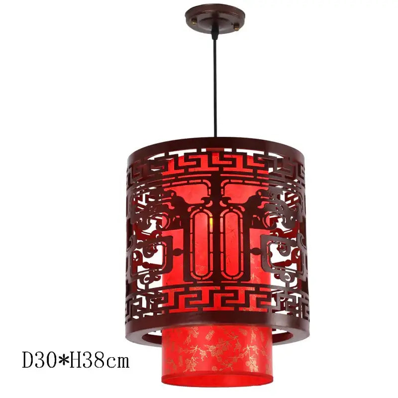 Decorbites antique wood pendant lights with red lantern fabric shade and dark brown metal cutout for dining room decor