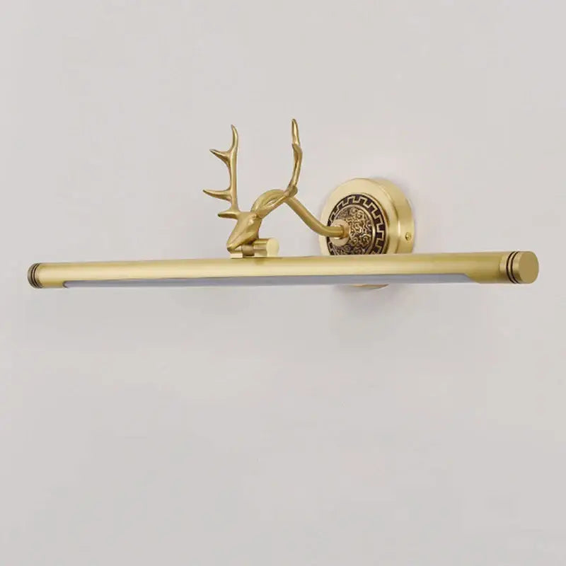 Gold-toned decorbites antler 8w led mirror light sconce with deer head and ornate circular backplate for bedroom and bathroom