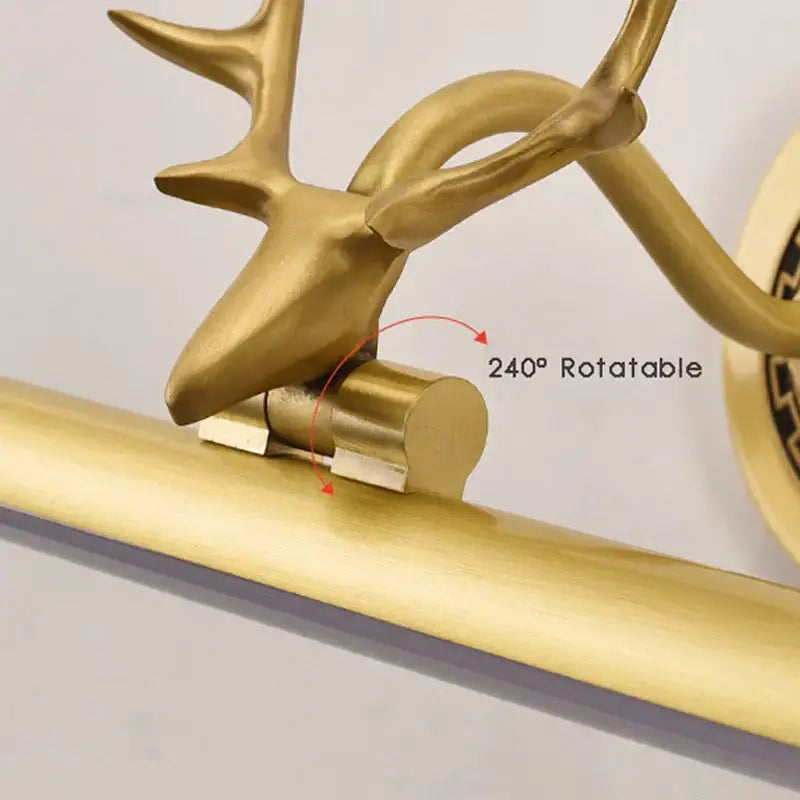 Golden brass decorbites antler 8w led mirror light sconce with 240 degree rotatable deer head design for bedroom and bathroom