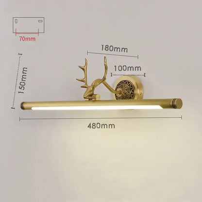 Gold-toned decorbites antler mirror light sconce with deer head design and sleek 8w led bar for bedroom and bathroom