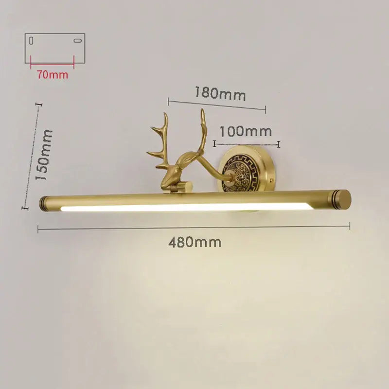 Gold-toned decorbites antler mirror light sconce with deer head design and sleek 8w led bar for bedroom and bathroom