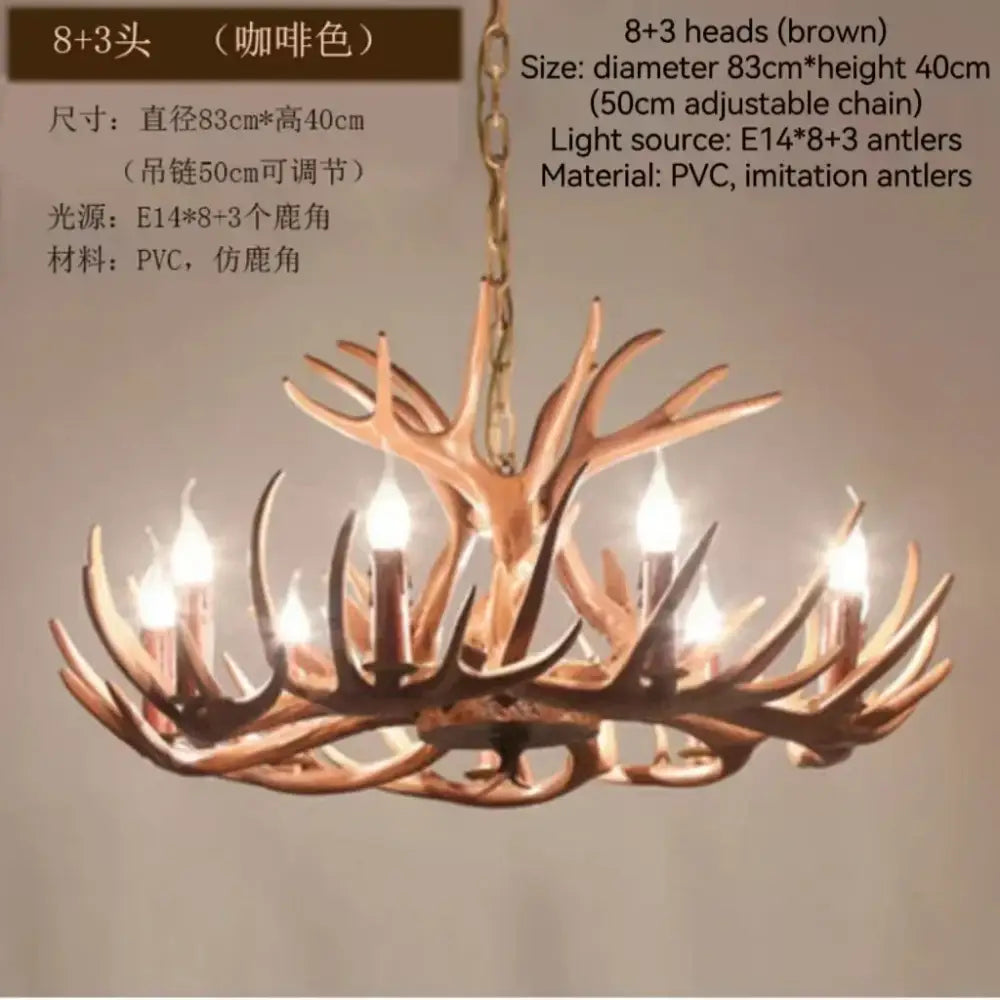 Brown pvc decorbites antler branch ceiling chandelier with imitation antlers and eight candle-style lights for indoor use