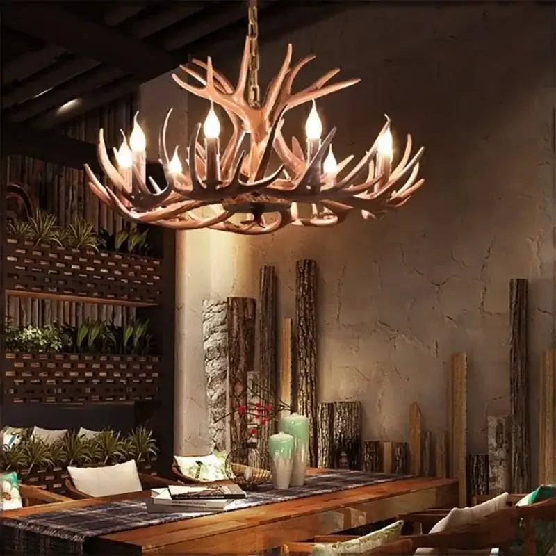 DecorBites antler branch ceiling chandelier with warm-toned rustic finish and multiple exposed bulbs for indoor use