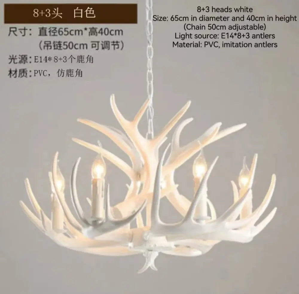 White pvc decorbites antler branch ceiling chandelier with eight plus three imitation antler arms and adjustable chain