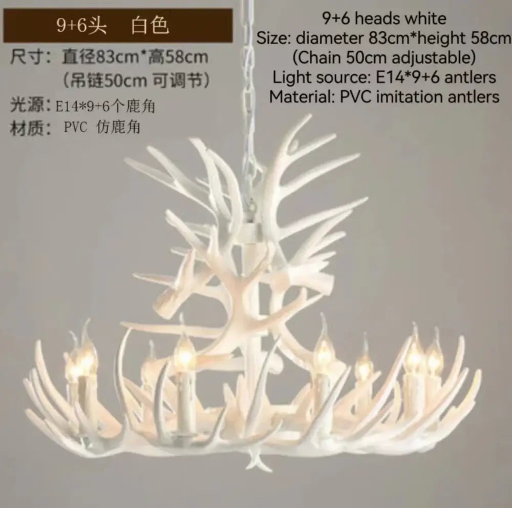 White PVC imitation antler branch ceiling chandelier by DecorBites with nine plus six heads and adjustable chain
