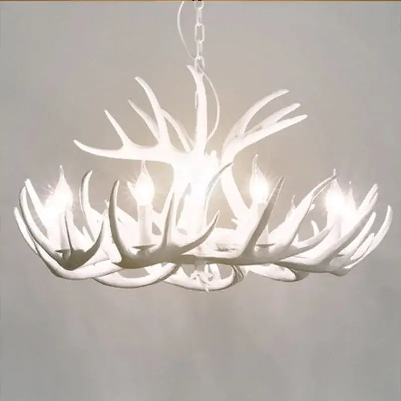 White decorbites antler chandelier with multiple illuminated resin horn bulbs for rustic indoor decor