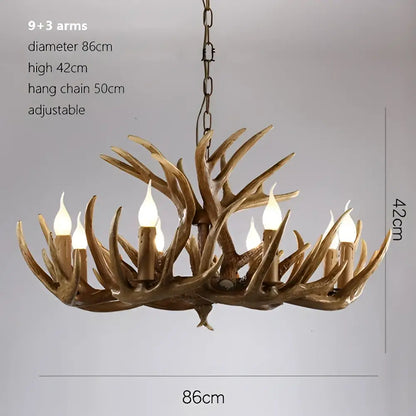 Decorbites antler chandelier with nine candle-style lights crafted from natural brown faux antlers for rustic indoor decor