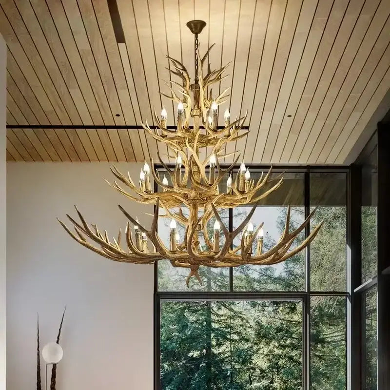 Decorbites antler chandelier resin deer horn pendant lighting with golden multi-tiered branching tines and candle bulbs
