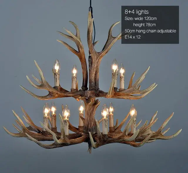 DecorBites antler chandelier with rustic resin deer horn two-tier design featuring 12 warm candle-style lights