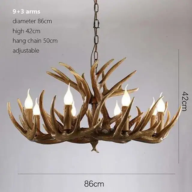 Decorbites antler chandelier with nine main and three decorative arms crafted from rustic brown resin for elegant lighting