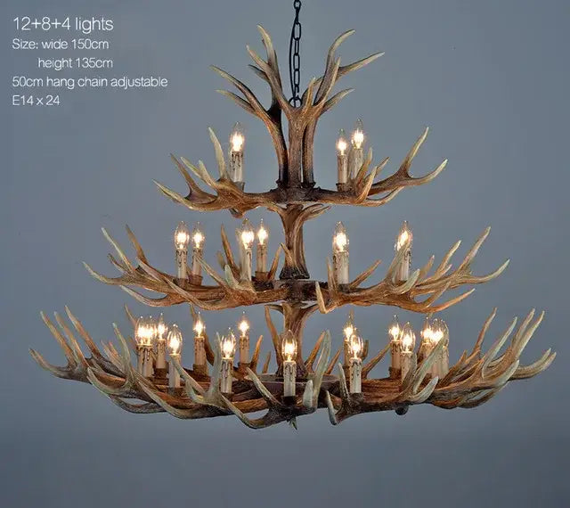 DecorBites antler chandelier with natural-toned resin deer horn tiers holding candle-style lights for home or hotel