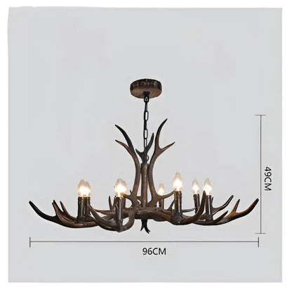 Decorbites antler chandelier with dark bronze resin finish and lit candle-style bulbs for modern rustic living rooms