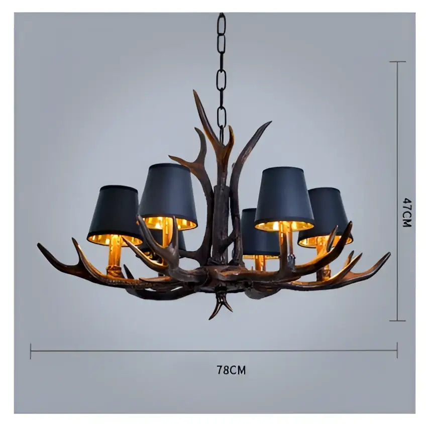 Decorbites antler chandelier with black lampshades and dark bronze resin finish for modern rustic living room lighting