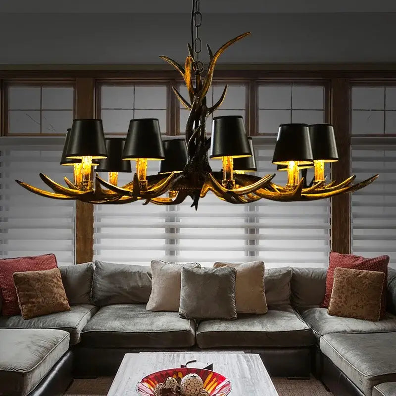 Decorbites antler chandelier with black lampshades and golden-brown resin antlers for modern rustic living room lighting