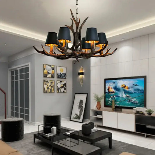 Decorbites antler chandelier with black lampshades and dark rustic resin finish for modern living room lighting