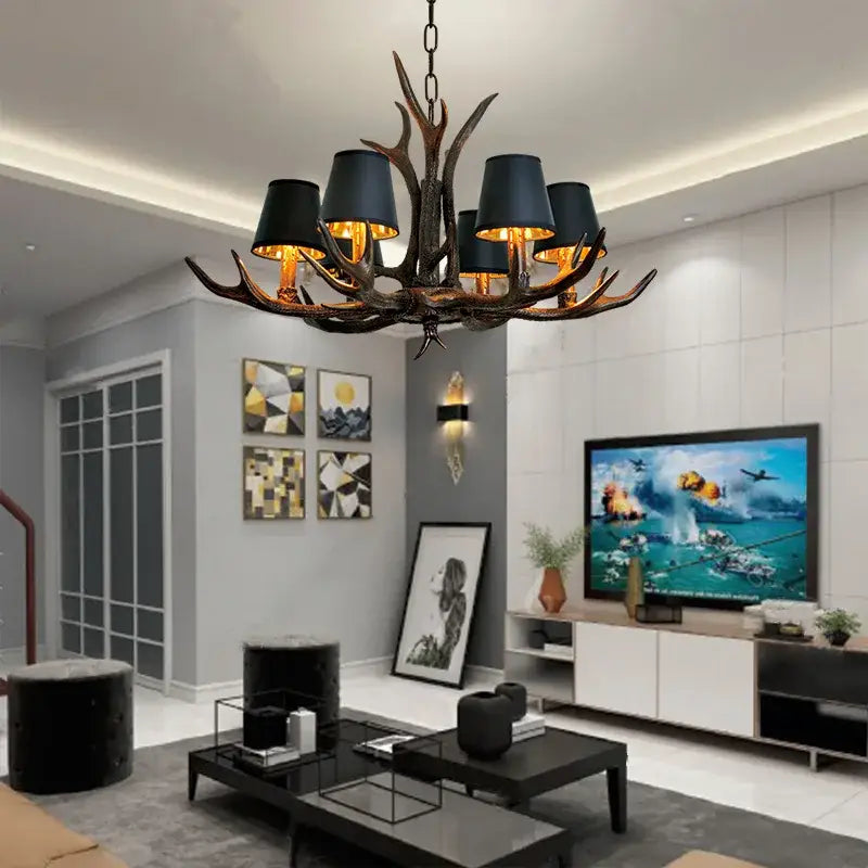 Decorbites antler chandelier with black lampshades and dark rustic resin finish for modern living room lighting
