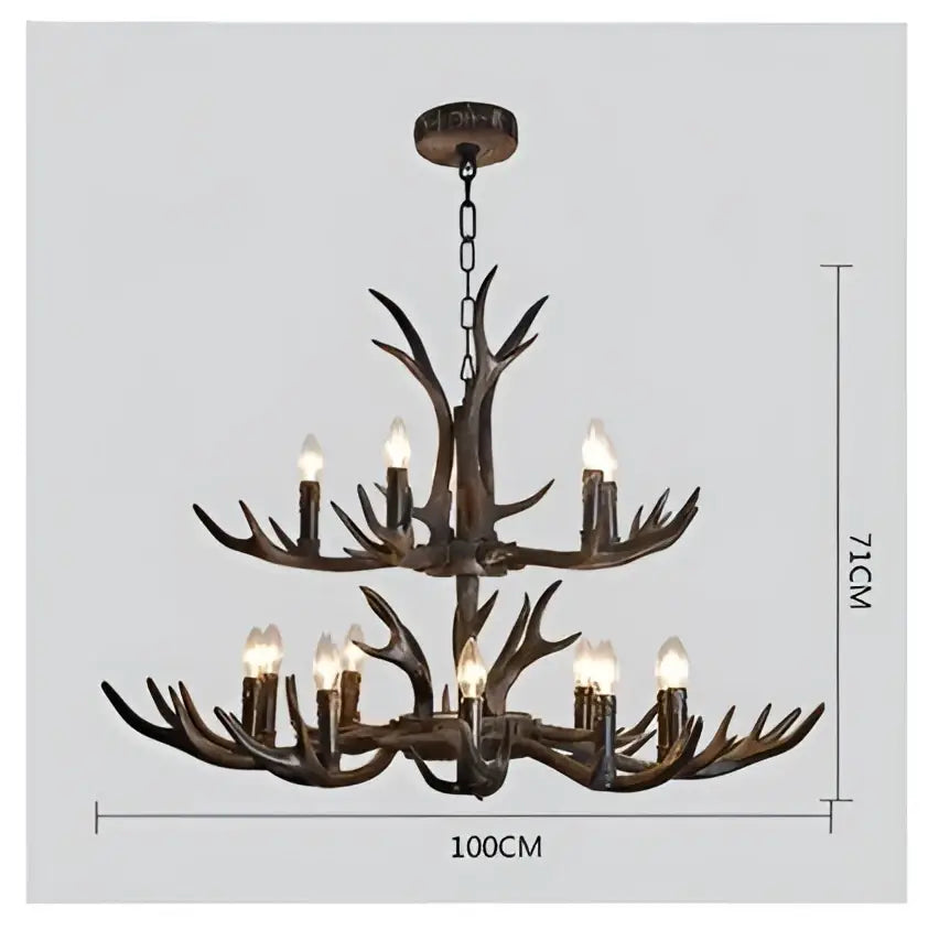 DecorBites antler chandelier with rustic bronze resin finish and lit candle-style bulbs for modern rustic living room lighting