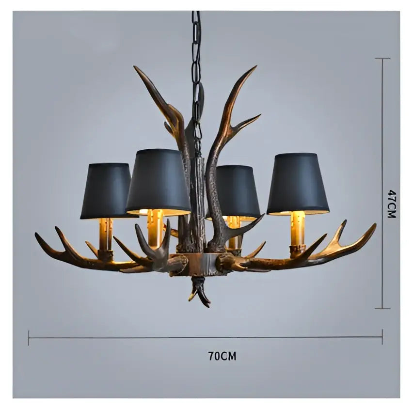 DecorBites antler chandelier with five black lampshades and dark bronze resin finish for modern rustic lighting