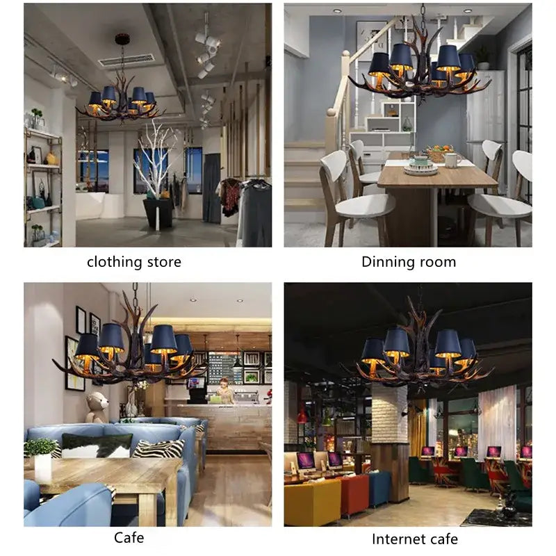 Dark blue lampshade decorbites antler chandelier with metal antler frame for modern rustic living room lighting