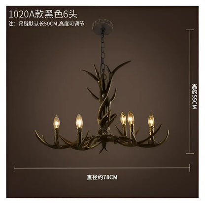 Decorbites antler chandelier with six lit bulbs featuring a rustic metallic finish and ornate resin design for cafe decor