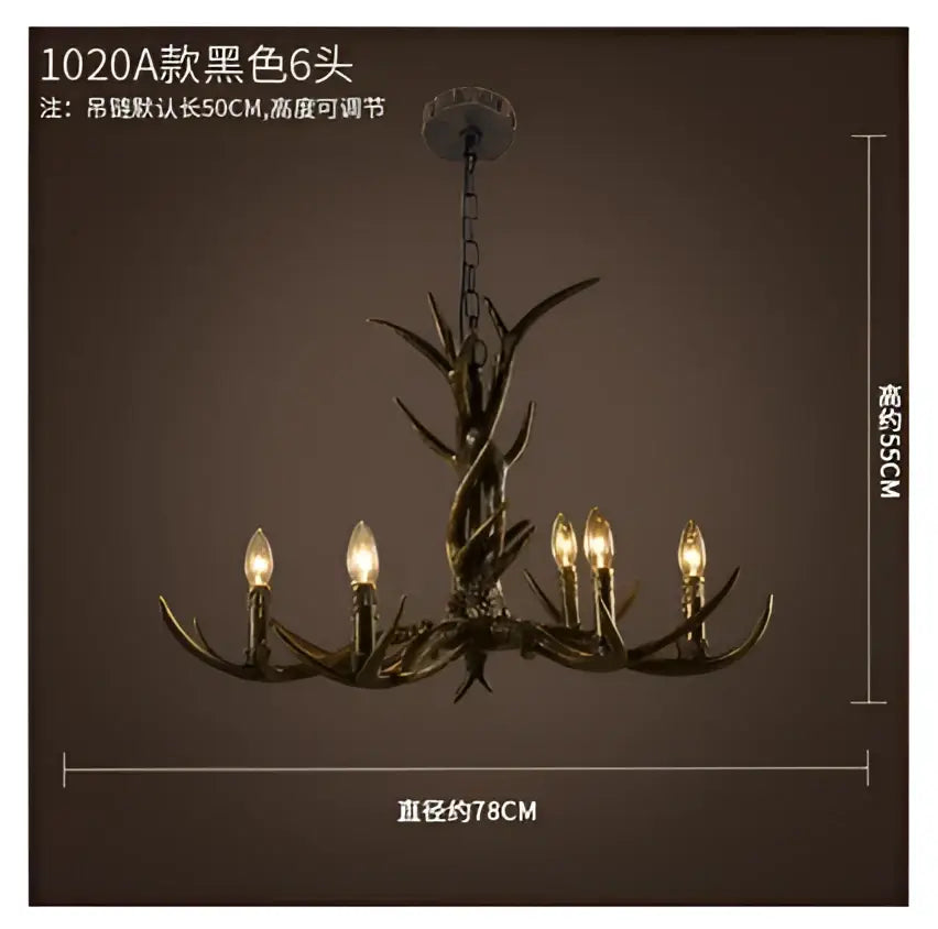 Decorbites antler chandelier with six lit bulbs featuring a rustic metallic finish and ornate resin design for cafe decor