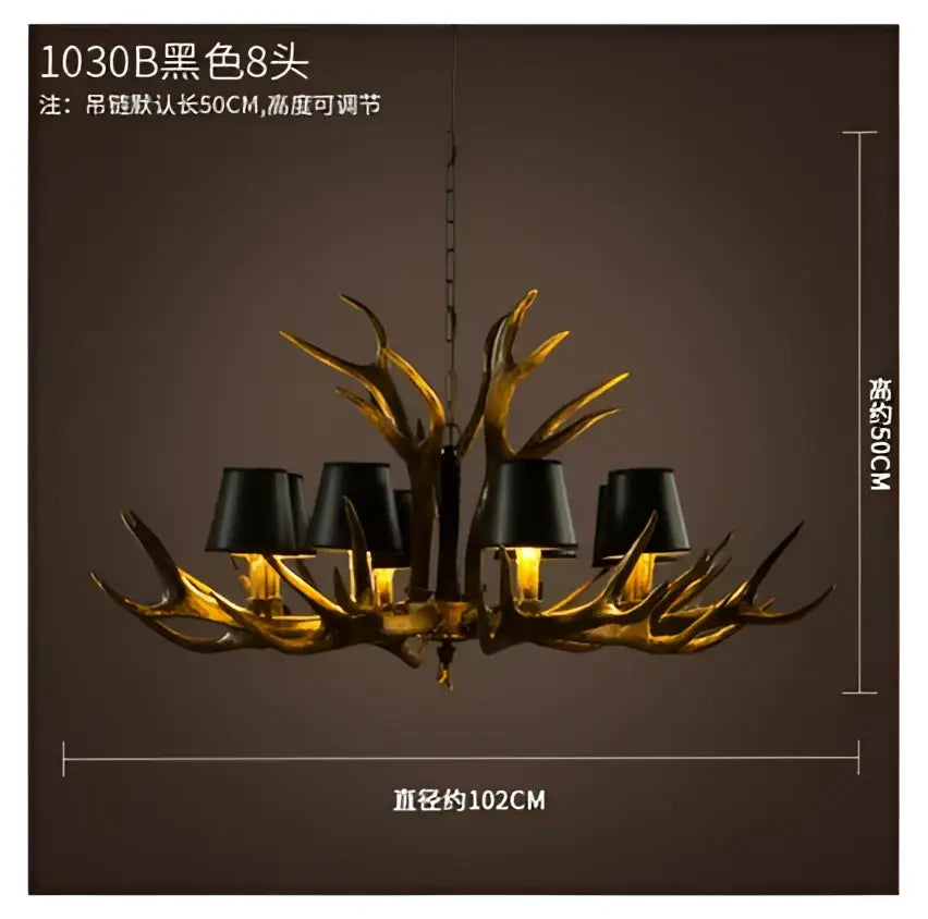 Decorbites antler chandelier with eight black lampshades in golden metallic resin finish for vintage art deco décor