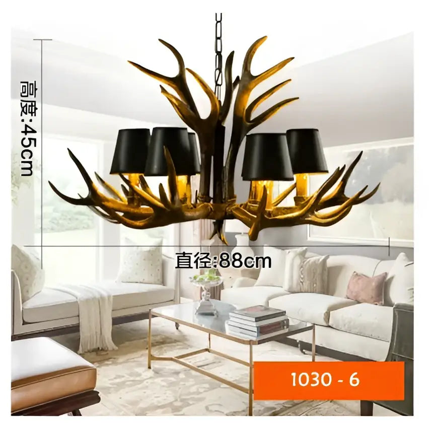Decorbites antler chandelier with golden resin antlers and black lampshades for rustic restaurant and cafe decor