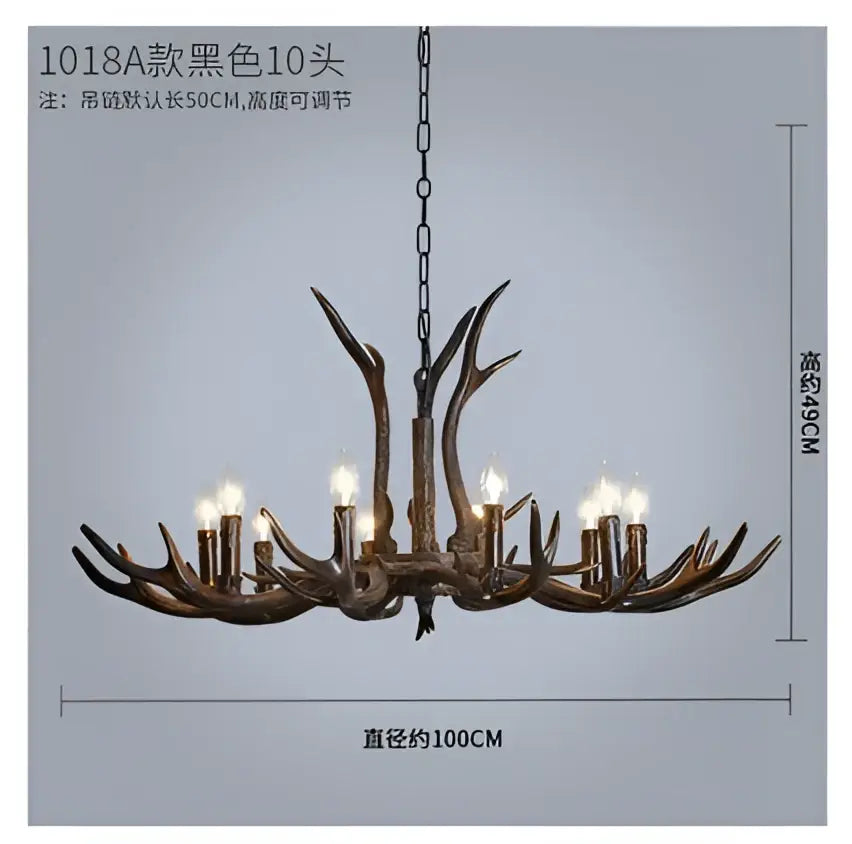 Black decorbites antler chandelier with ten candle-style lights in rustic metal finish for vintage art deco decor