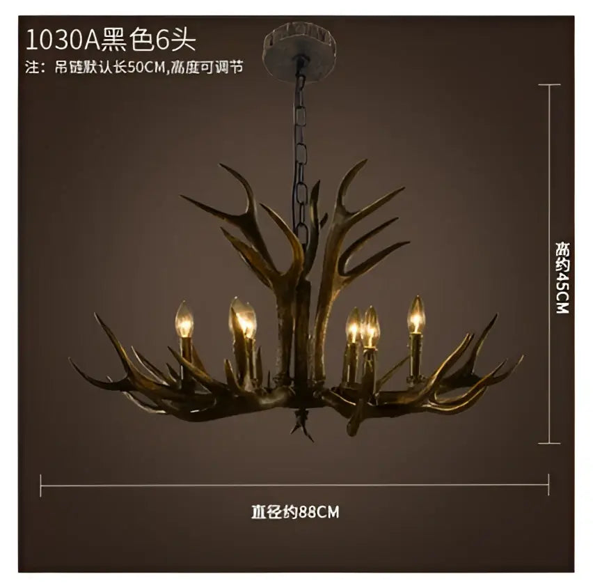 Decorbites antler chandelier with six dark bronze resin lights designed for rustic restaurant and cafe decor in art deco style