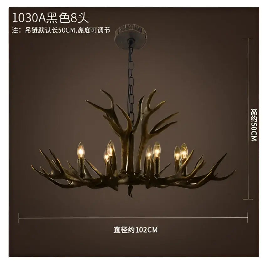 Decorbites antler chandelier with eight black metallic resin antlers and six lit bulbs for rustic cafe decor